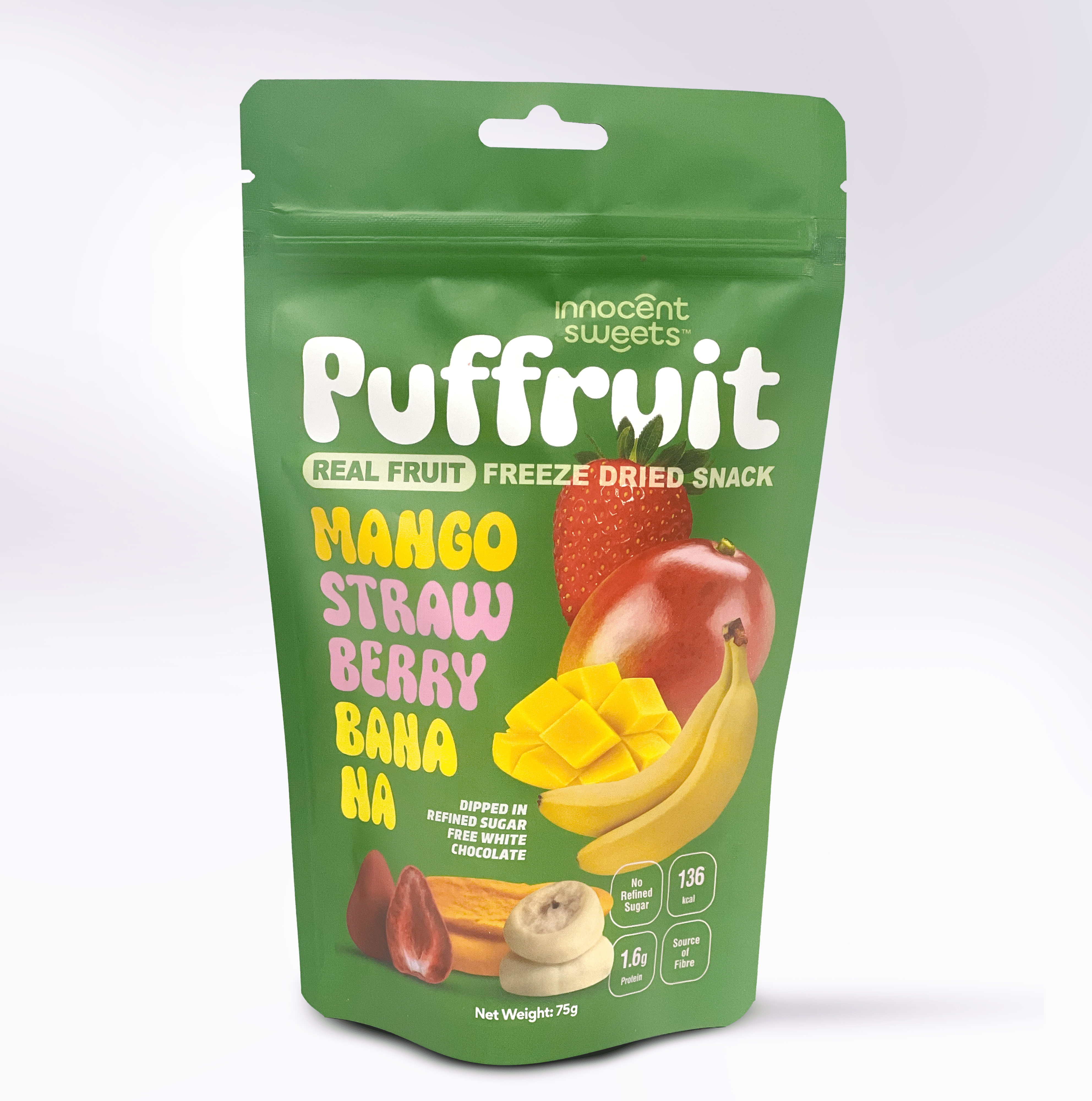 Puffruit – Freeze - Dried Mango, Strawberry &amp; Banana Dipped in White Chocolate by Innocent Sweets