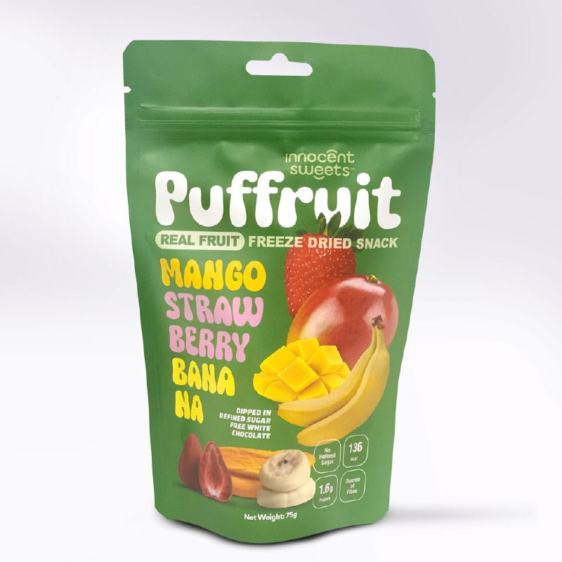 Puffruit – Freeze-Dried Mango, Strawberry & Banana Dipped in White Chocolate by Innocent Sweets